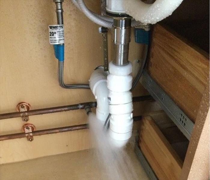 water spewing from pipe under sink